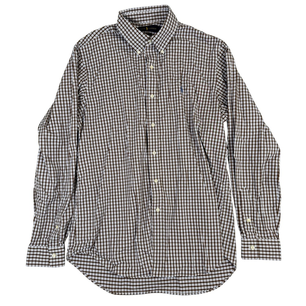 Ralph Lauren Classic Fit Gingham Button Down Shirt Brown Blue LG